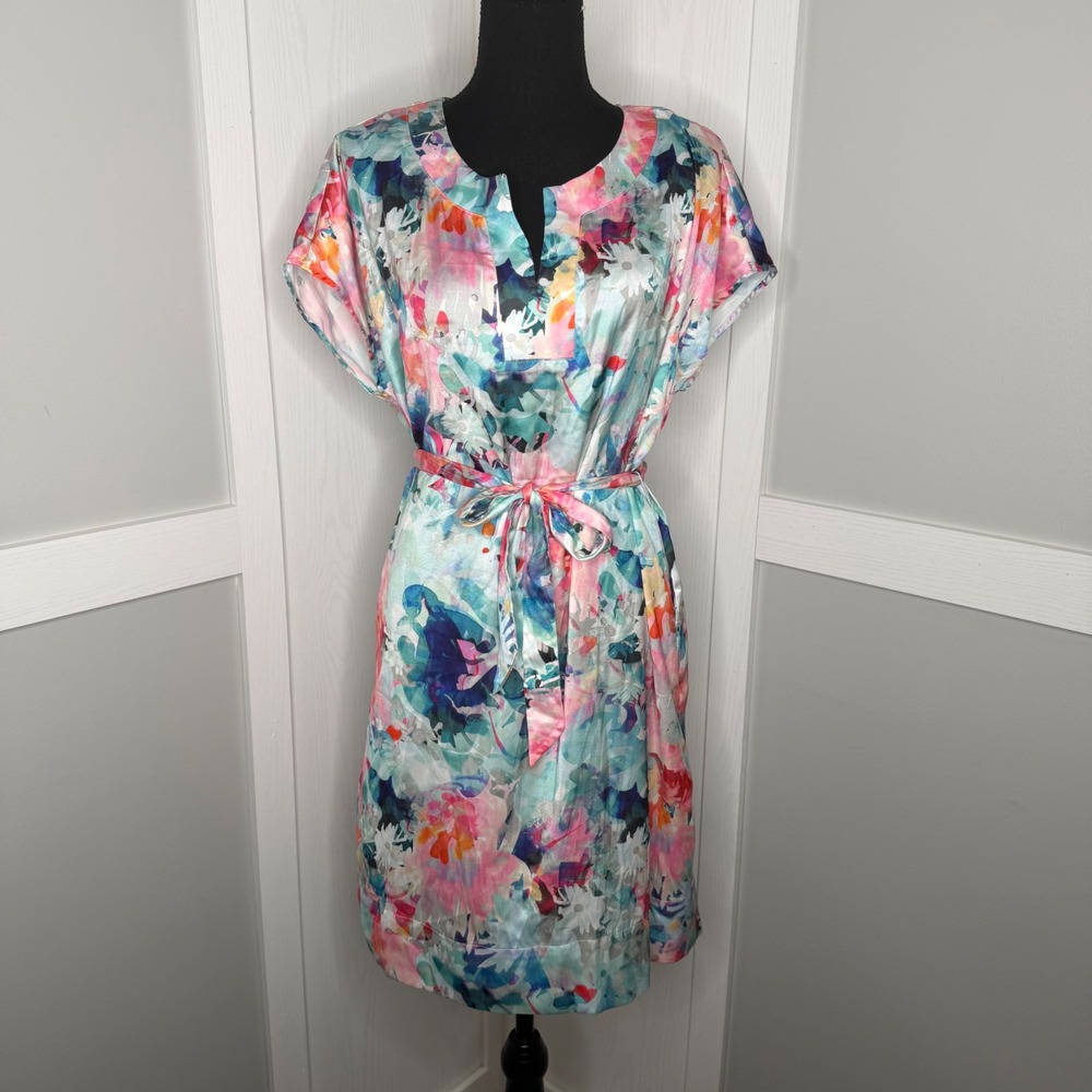 Liz Claiborne Dress Women Small Blue Pink Floral Watercolor Pockets Belted